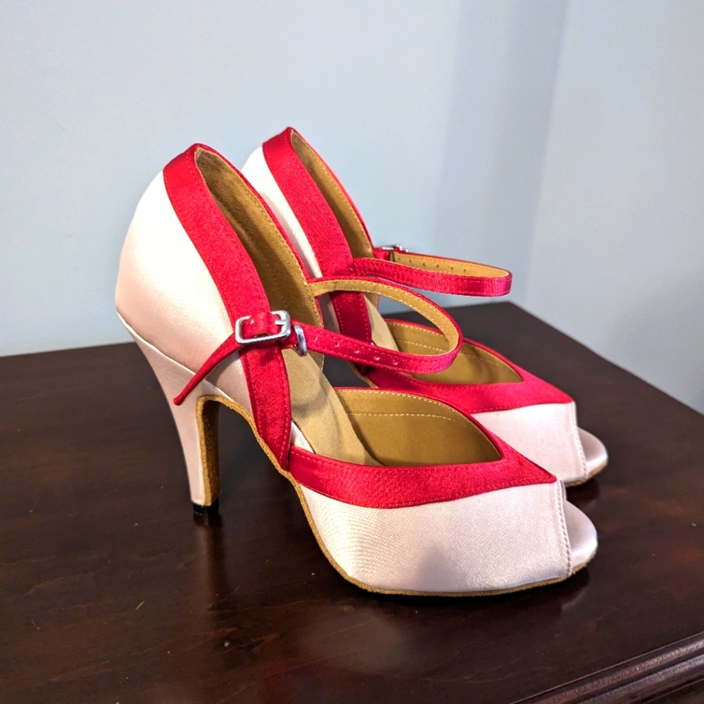 Retro Red and Blush Satin Heels
